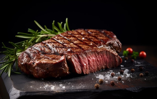 Een sappig stukje steak perfect gekookt en geserveerd op een glanzend zwart bord