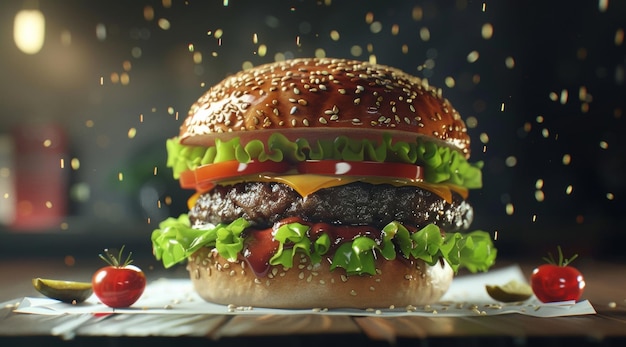 Een sappige cheeseburger met verse sla, tomaten, gesmolten kaas en een glanzend broodje zit verleidelijk op een donker oppervlak verlicht door zacht licht