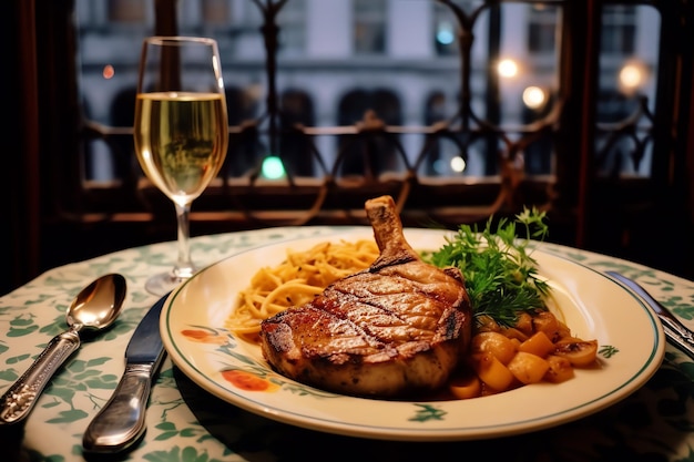 Een sappige gegrilde varkensvleeskoteletten gekruid met kruiden en aardappelen bij het diner