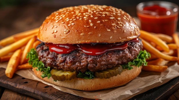 Een sappige hamburger met knapperige frietjes een Amerikaanse klassieker geserveerd met ketchup en augurken
