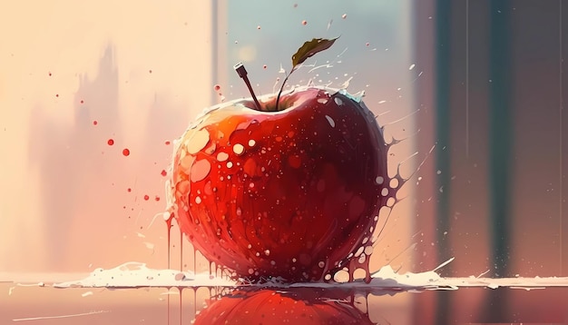 Een sappige rode appel met digitale de kunstillustratie van het waterdruppeltje