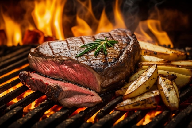 Een sappige steak die sist op de grill naast gegrilde aardappelen met vlammen op de achtergrond Generative Ai