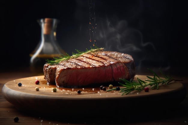 Een sappige steak sissend op een snijplank klaar om tot in de perfectie gegrild te worden Overheerlijke ossenhaas voor uw gastronomische maaltijd Ai generatief