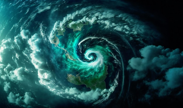 Een satellietbeeld van een groot en intens tropisch stormsysteem boven de oceaan