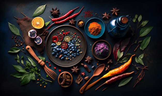 Een scala aan aromatische kruiden op een donkere achtergrond die hun levendige kleuren en texturen laten zien