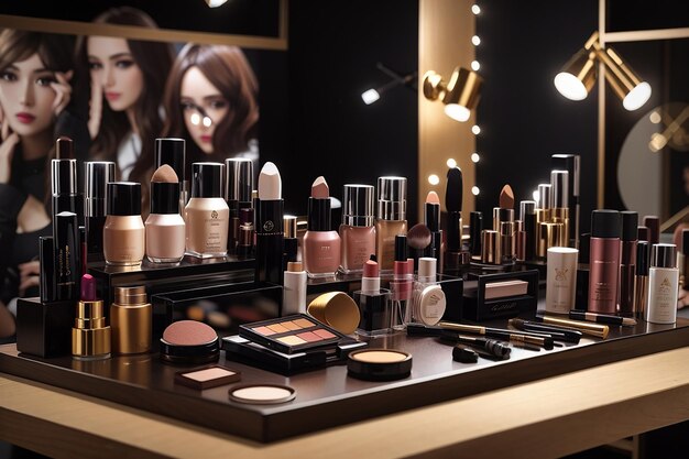 een scala aan premium make-up producten op het houten bord tegen een glamoureuze backstage setting