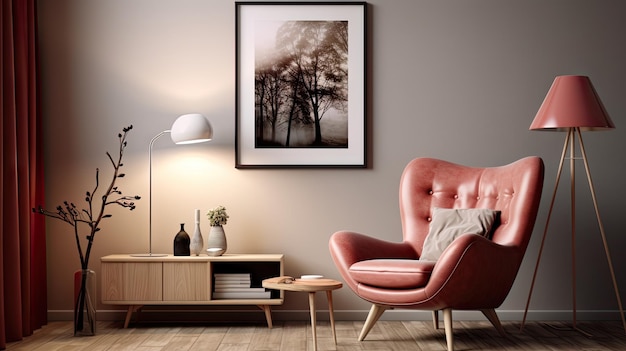 Een Scandinavische woonkamer met een rode fauteuil en lamp