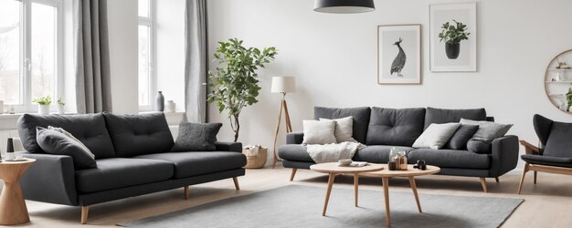 Foto een scandinavische woonkamer met een zwartgrijze bank en een leunstoel aangevuld met natuurlijk licht en een minimalistisch decor