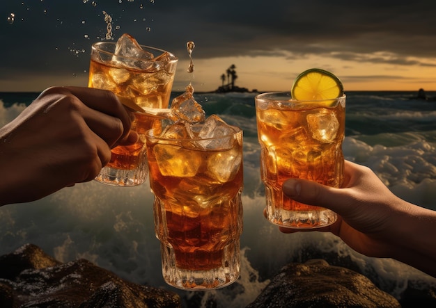 Een scène aan het strand met vrienden die rammelende glazen gevuld met Dark 'n' Stormy-cocktails gebruiken terwijl de golven neerstorten