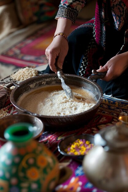 een scène met de traditionele bereiding van Samanu zoete tarwe pudding