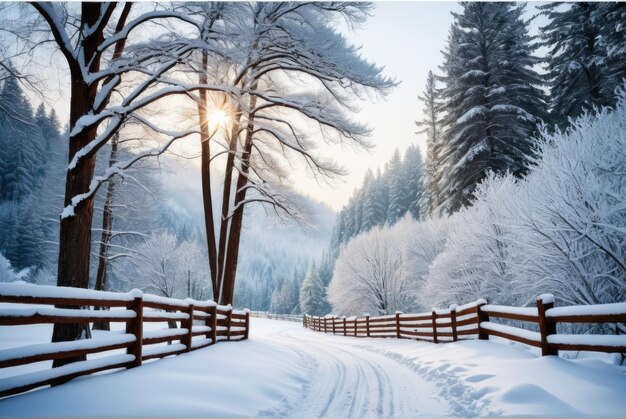 een scène met een houten hek te midden van besneeuwde bomen