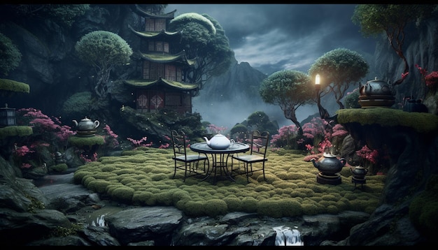 een scène met een huis en een tafel met een lantaarn en een tafel with a table and a lantern
