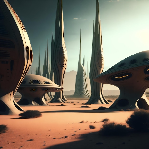 Een scène met een woestijnscène en enkele buitenaardse gebouwen.