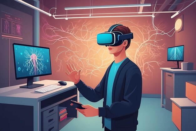 een scène met studenten die VR-simulaties gebruiken om de vectorillustratie van het menselijke zenuwstelsel in platte stijl te verkennen
