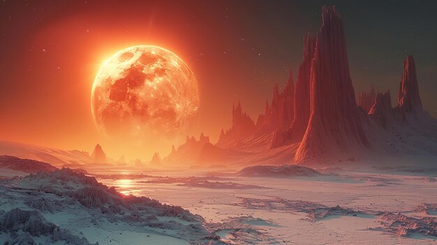 Een scène uit een vreemde wereld met bergen en een schitterende zon Generative Ai