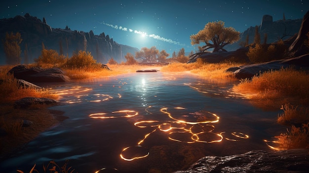 Een scène uit het spel alien planet met een planeet met een raket op het water.