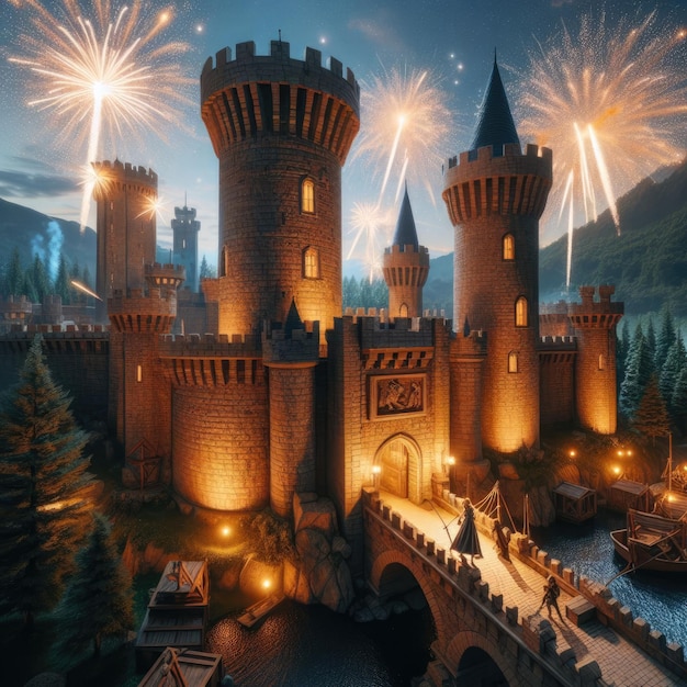 Een scène van een middeleeuws kasteel met torens en muren van steen met vuurwerk