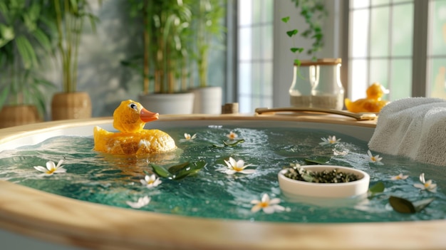 Een scène van theezakjes in een hot tub spa met een die een theezakje gebruikt als een geïmproviseerde eend floatie en