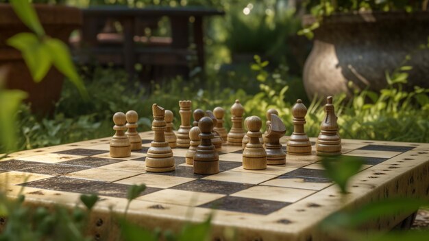 Een schaakbord met een houten figuur erop en het woord chess erop.