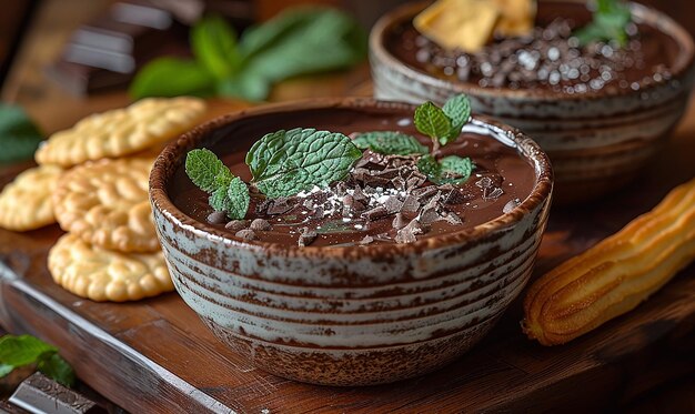 een schaal chocolade pudding met chocolade en muntbladeren aan de zijkant