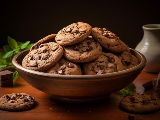 Een schaal chocoladekoekjes met een schaal koekjes op de achtergrond.