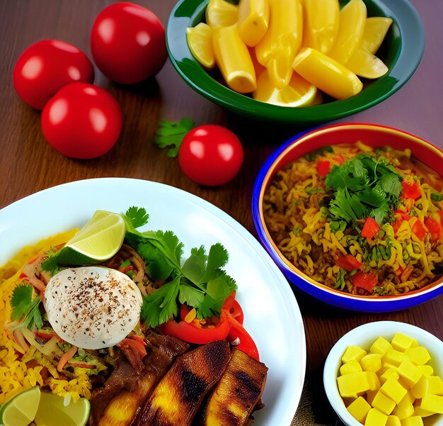 Een schaal eten met rood fruit erbij en een schaal mango's op tafel.