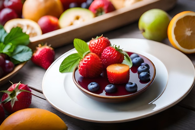 een schaal fruit met aardbeien en sinaasappels