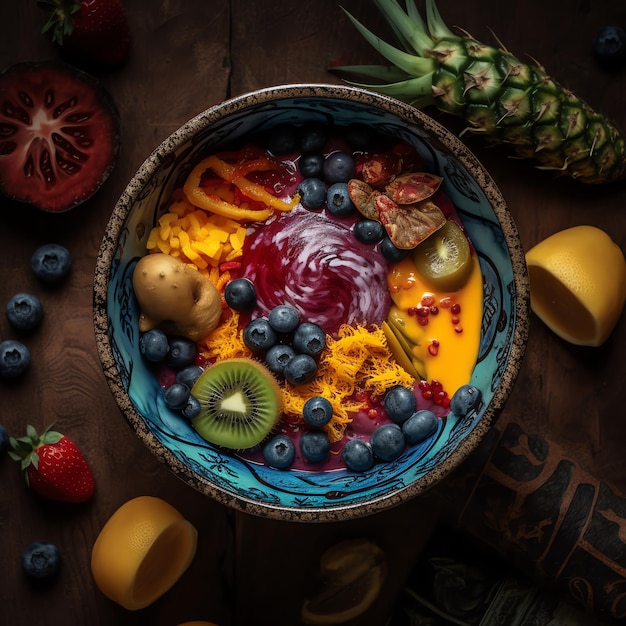 Foto een schaal fruit met bosbessensaus en een schaal fruit op tafel.