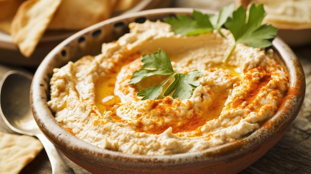 Een schaal hummus met verse versiering een eenvoudige en heerlijke Midden-Oosterse voorgerecht