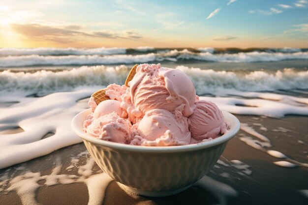 Foto een schaal ijs op een strand met golven op de achtergrond.