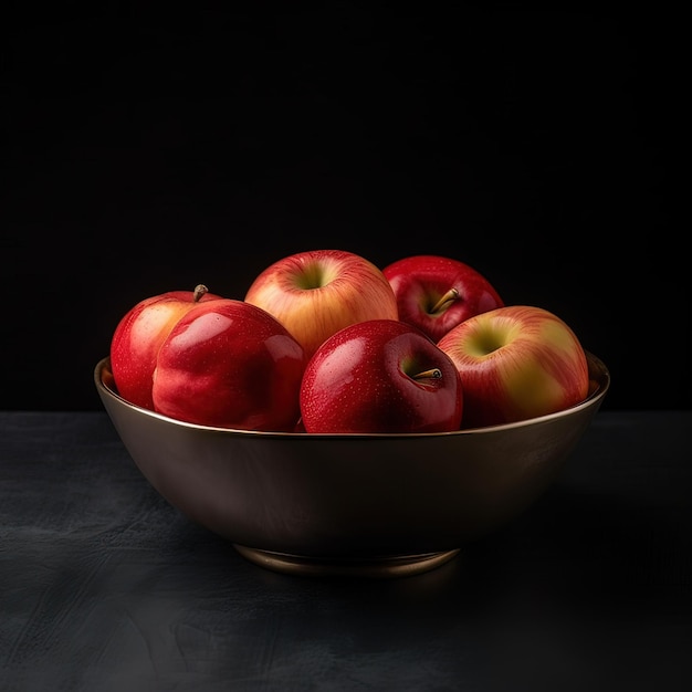 Een schaal met appels staat op een tafel met een zwarte achtergrond.