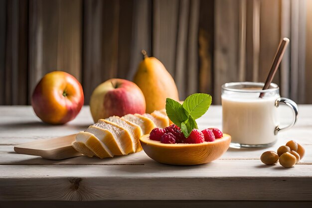 Een schaal met fruit en een glas melk op tafel