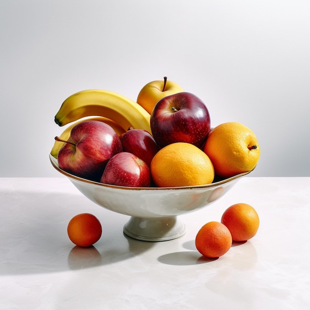 Een schaal met fruit met appels en bananen op tafel.