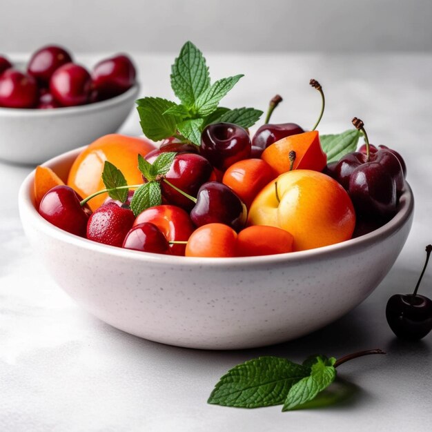 Een schaal met fruit met een paar kersen erin