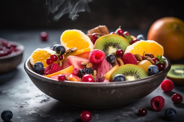 Een schaal met fruit met een rokerige achtergrond