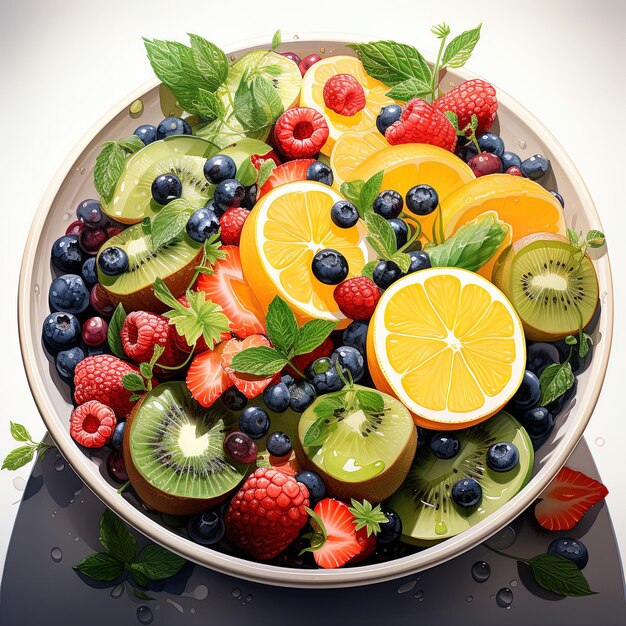 Een schaal met fruit met een schaal met vruchten waarop staat kiwion
