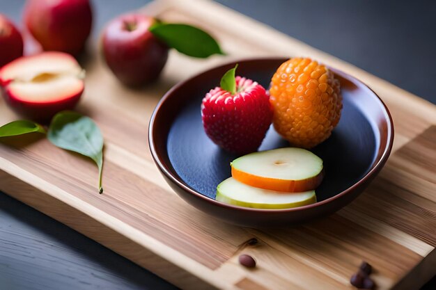 Een schaal met fruit met een schijfje kiwi op tafel