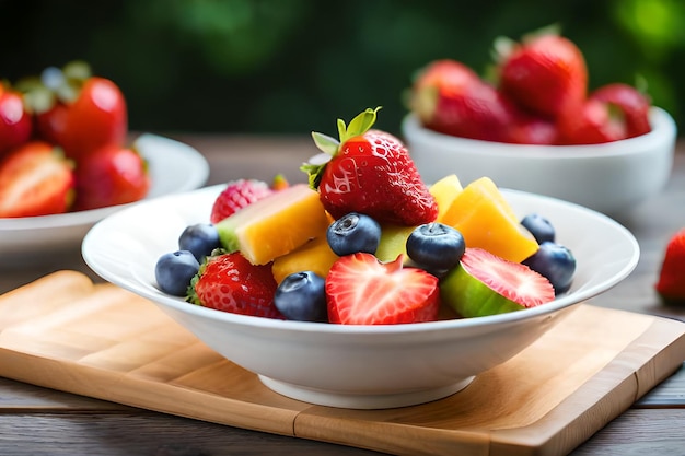 Een schaal met fruit op een houten tafel