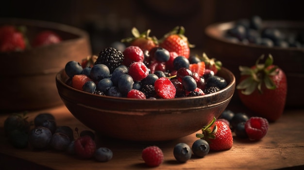 Een schaal met fruit op een tafel met het woord "fruit" op de zijkant.