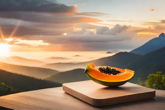 een schaal met fruit staat op een snijplank met de zon erachter.