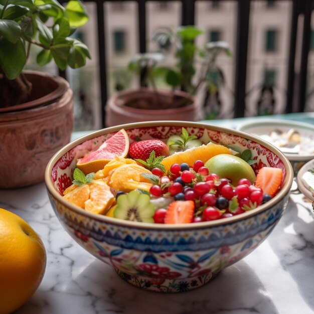 Een schaal met fruit staat op een tafel met ander fruit.