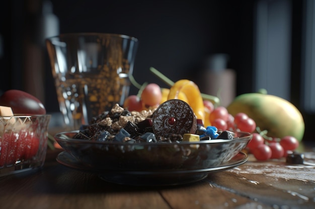 Een schaal met fruit staat op een tafel met een glas water en een stuk fruit op de achtergrond.