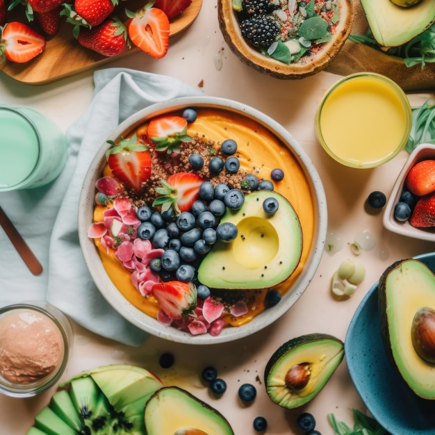 Een schaal met groenten en fruit op tafel Generatief AI-beeld