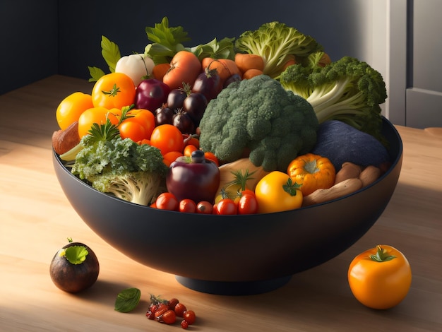 Een schaal met groenten op een tafel met daarachter een raam