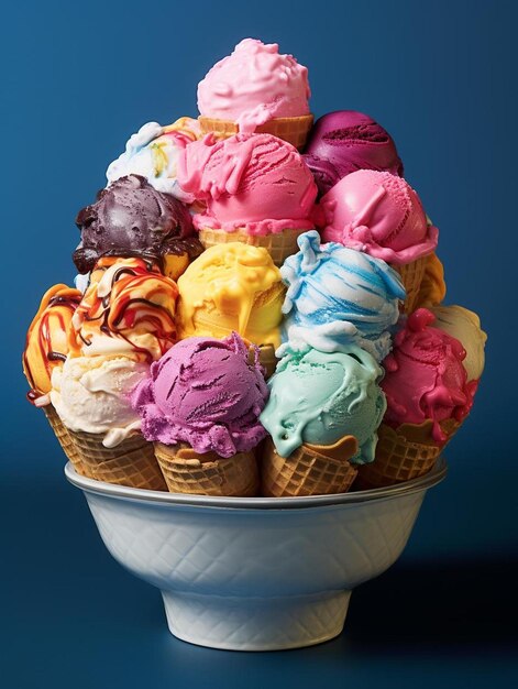 Een schaal met ijsjes met een blauwe achtergrond.