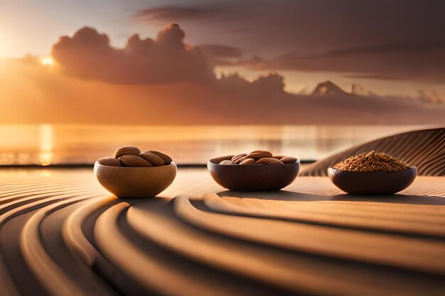 Foto een schaal met noten en een schaal met noten op een strand.