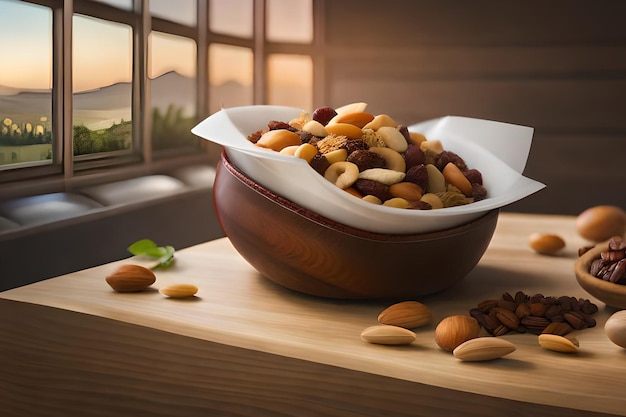 Een schaal met noten staat op een tafel met een raam op de achtergrond.