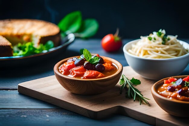 een schaal met pasta en groenten op een houten plank.