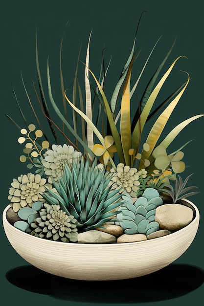 een schaal met planten en planten van beeldend kunstenaar