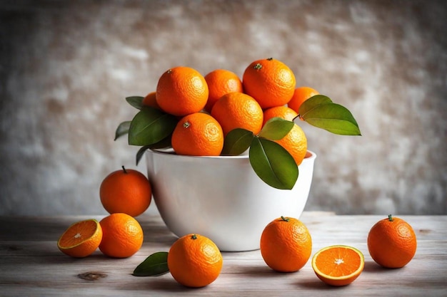 een schaal met sinaasappels met een bos sinaasappelen erin